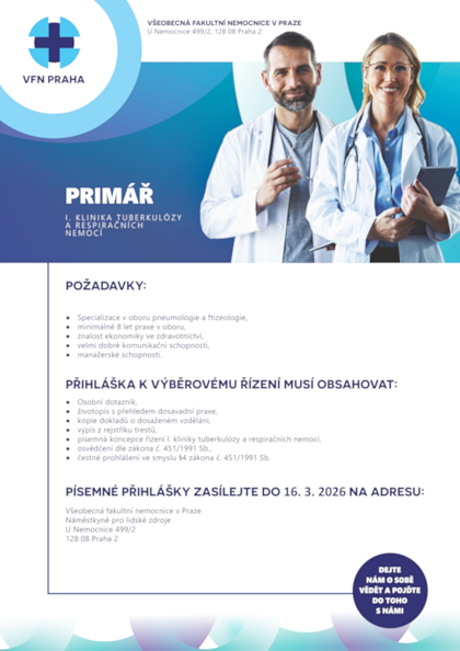 Výběrové řízení na pozici primáře I. kliniky tuberkulózy a respiračních nemocí